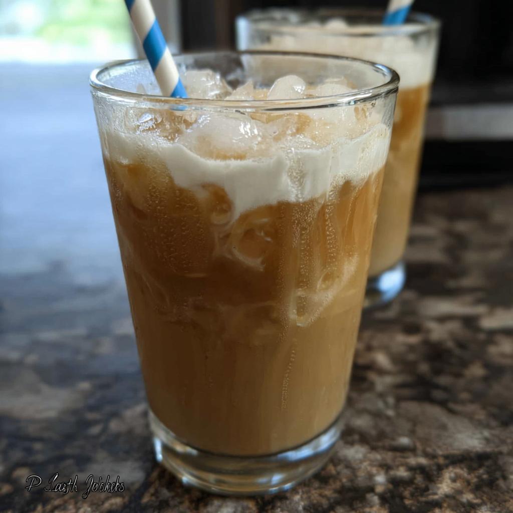 Two glasses of iced coffee with cream and blue striped straws, part of a 5-Ingredient Starbucks Drinks recipe.
