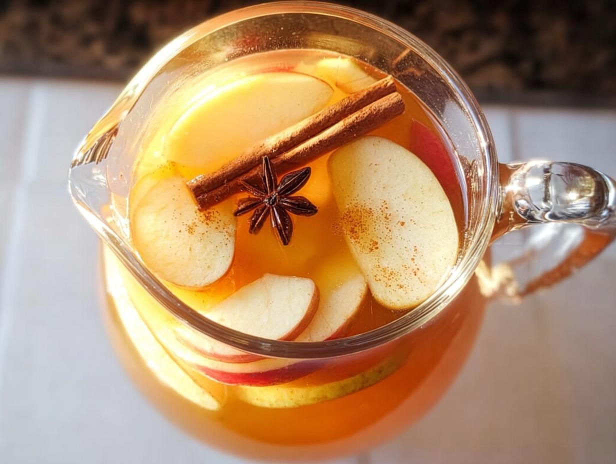 A pitcher of 5-Ingredient Thanksgiving Drink featuring apple slices, cinnamon sticks, and star anise.