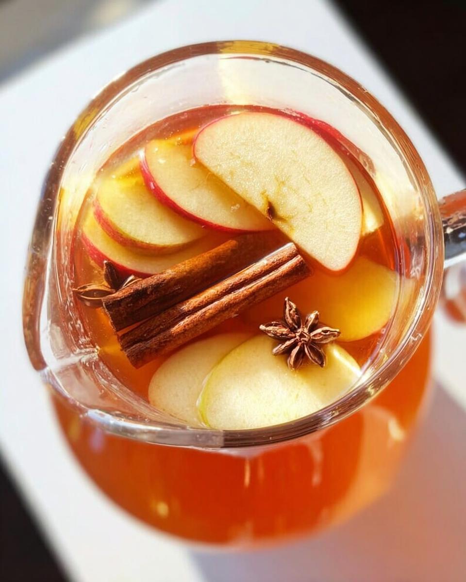 Close-up of a pitcher filled with warm apple cider, garnished with apple slices, cinnamon sticks, and star anise.