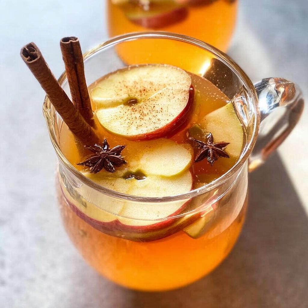 A cozy mug filled with warm apple cider, garnished with apple slices, cinnamon sticks, and star anise. Perfect for 5-Ingredient Thanksgiving Drinks.