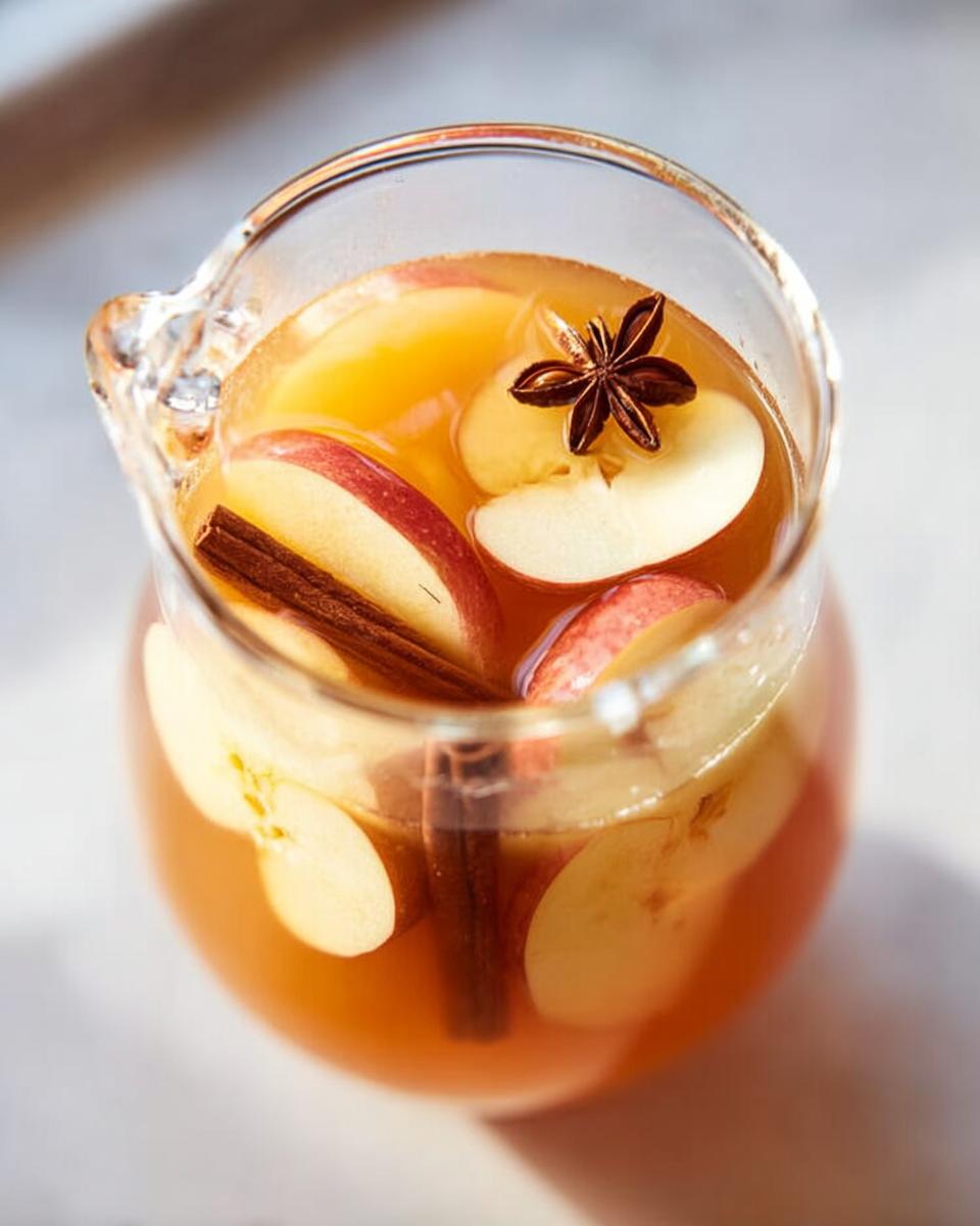 A clear pitcher filled with spiced apple cider, apple slices, cinnamon sticks, and star anise for 5-Ingredient Thanksgiving Drinks.