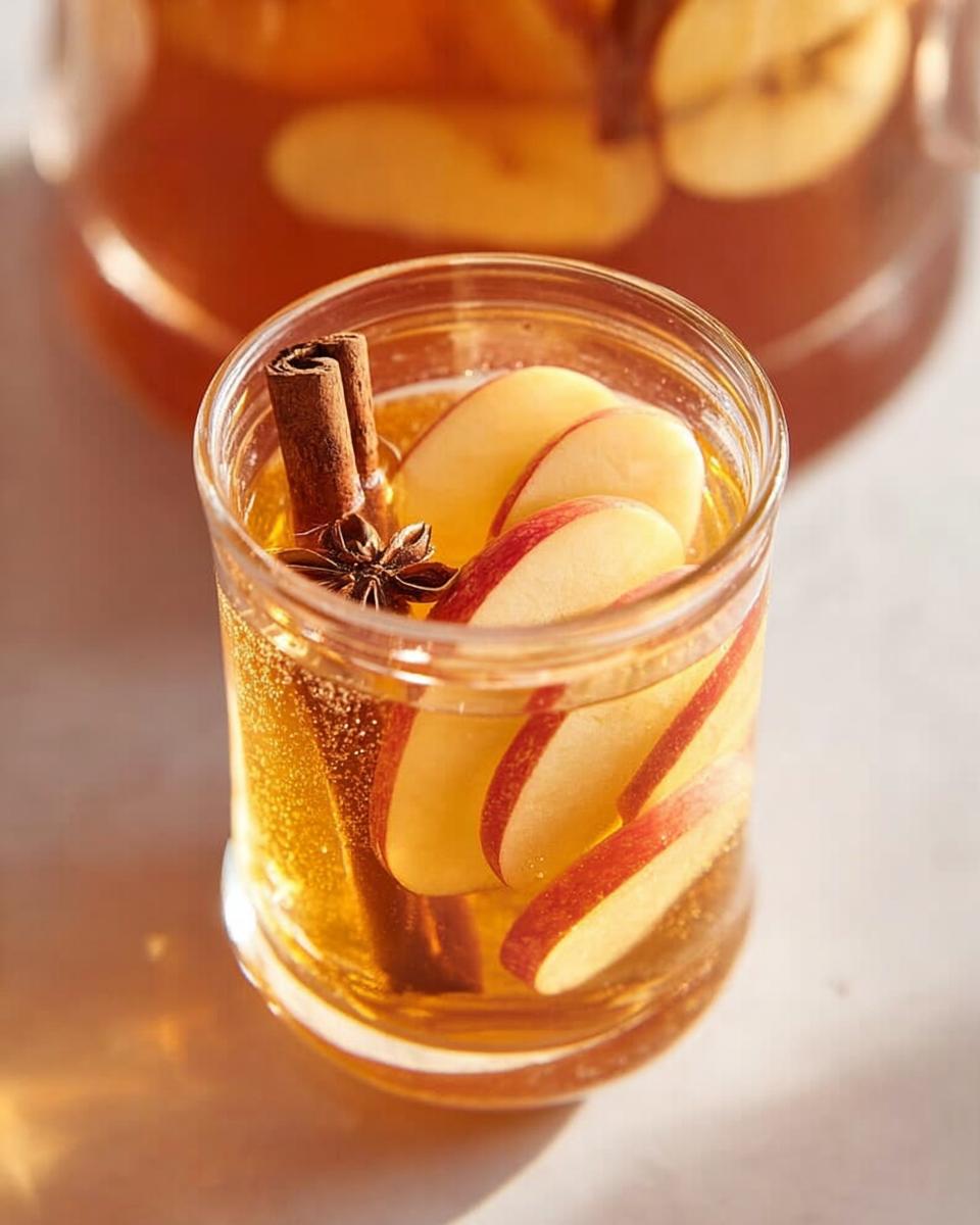 A glass of spiced apple cider with apple slices, cinnamon sticks, and star anise, part of 5-Ingredient Thanksgiving Drinks.