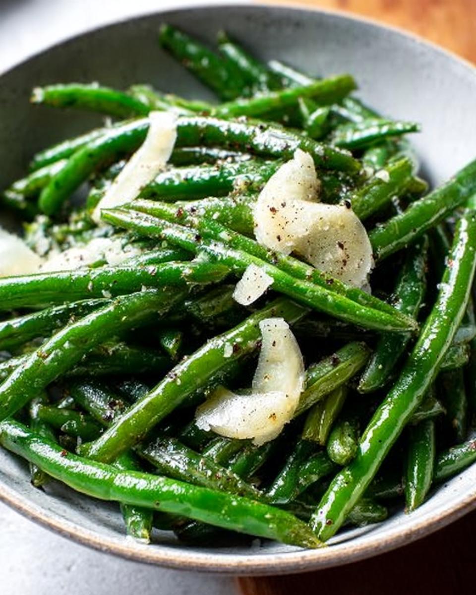 Close-up of vibrant green beans tossed with garlic slivers and black pepper in a rustic bowl, perfect for 5-Ingredient Thanksgiving Green Beans.