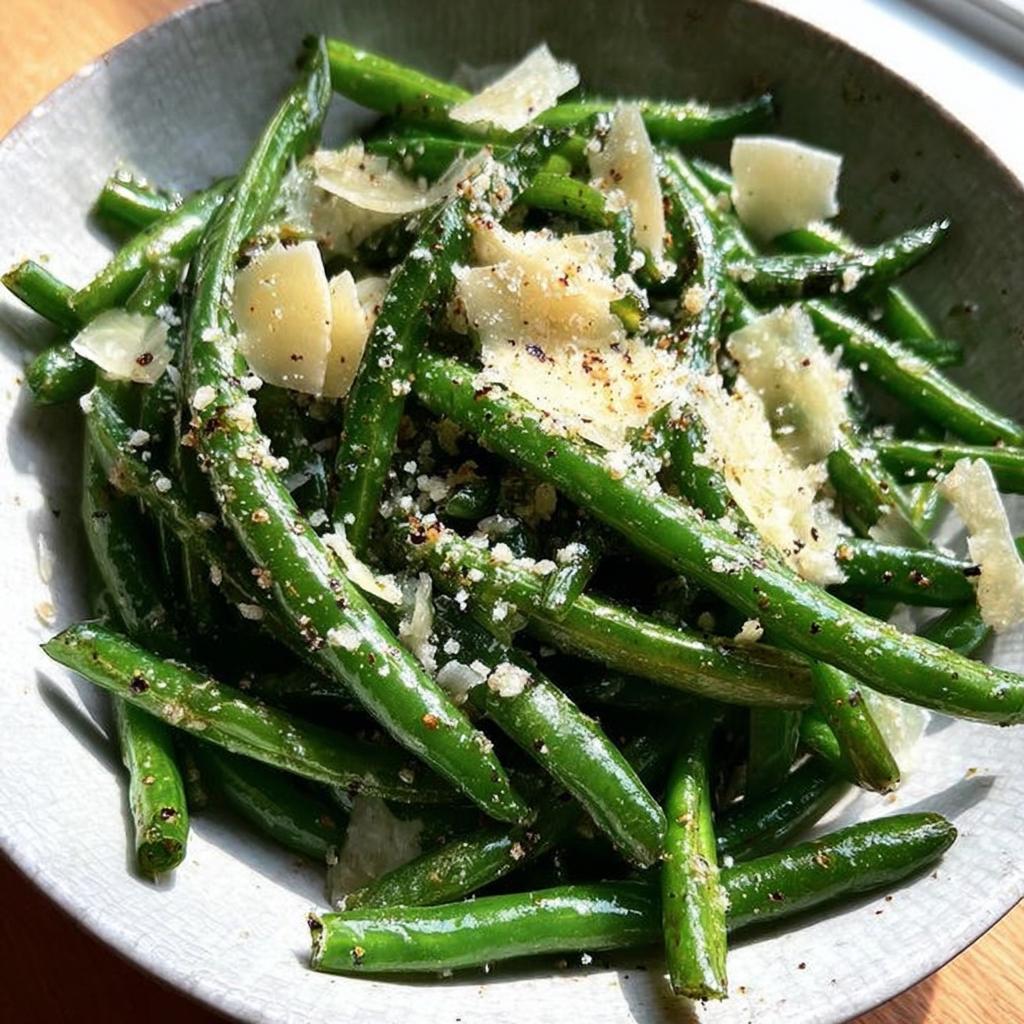 Close-up of vibrant 5-Ingredient Thanksgiving Green Beans topped with shaved Parmesan cheese and cracked black pepper.