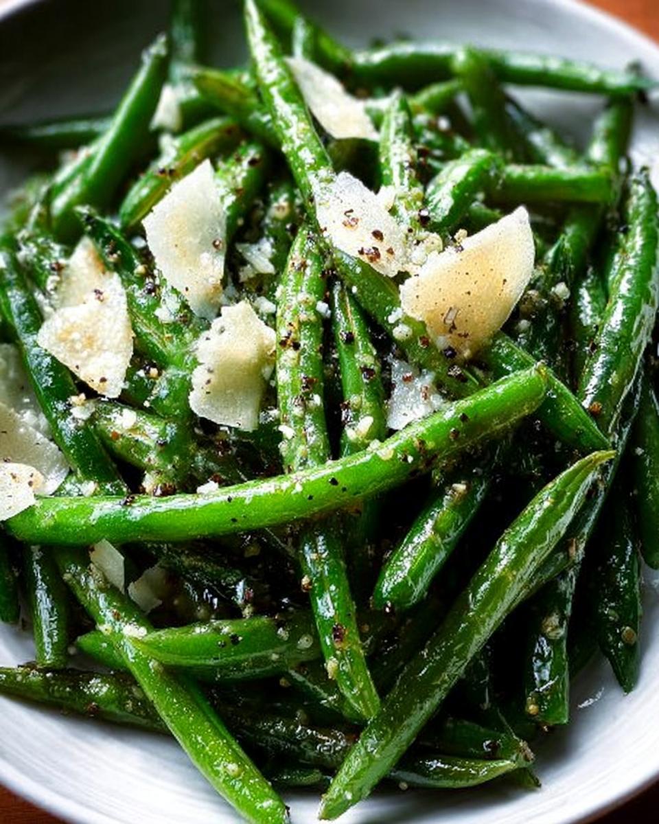 Close-up of vibrant 5-Ingredient Thanksgiving Green Beans topped with shaved Parmesan cheese and cracked black pepper.