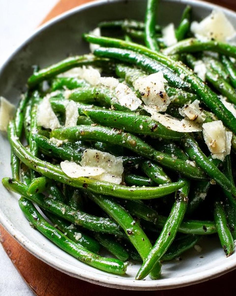 Close-up of bright green 5-Ingredient Thanksgiving Green Beans topped with shaved Parmesan cheese and black pepper.