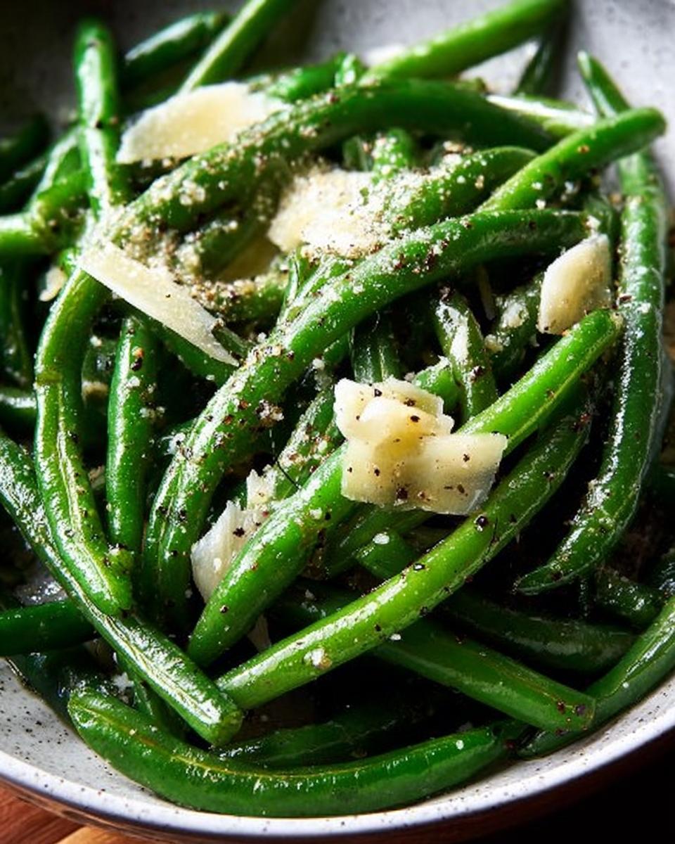 A close-up of glistening 5-Ingredient Thanksgiving Green Beans topped with shaved Parmesan cheese and cracked black pepper.