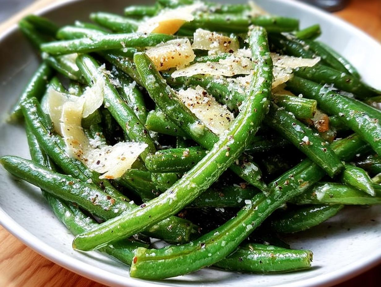 Close-up of 5-Ingredient Thanksgiving Green Beans topped with shaved Parmesan cheese and black pepper.