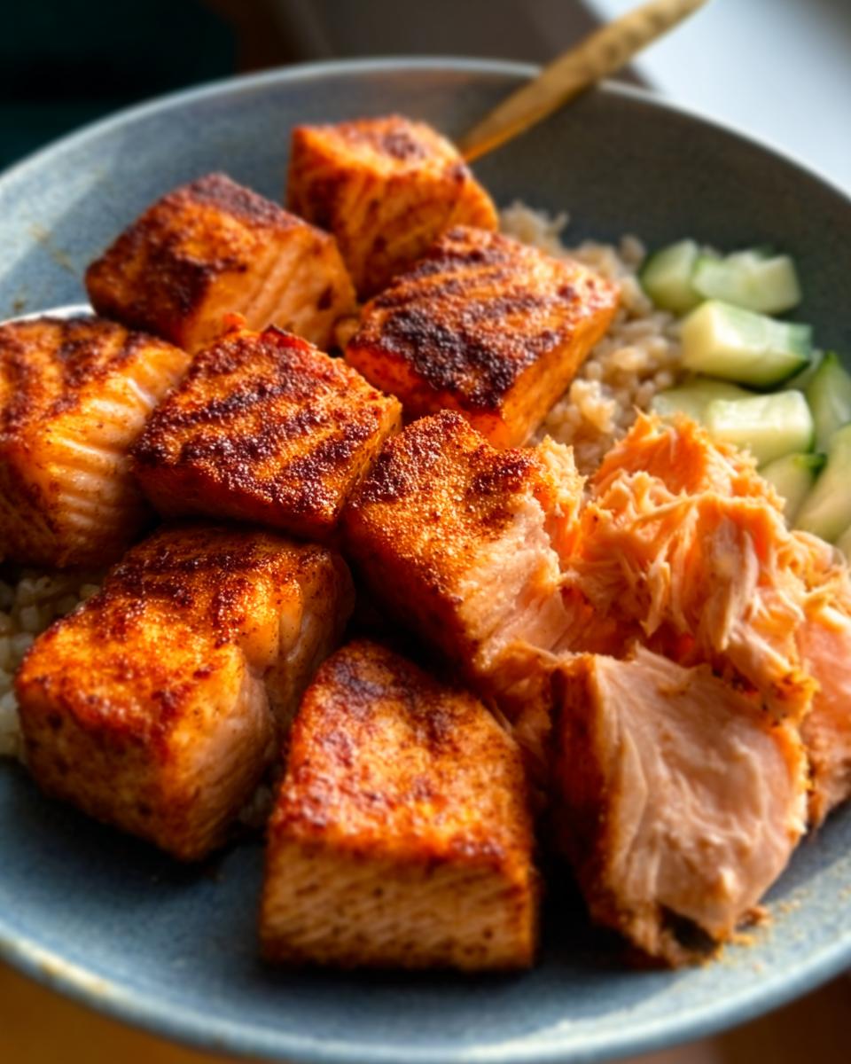 Close-up of crispy Air Fryer Salmon bites served over rice with sliced cucumbers in a blue bowl.