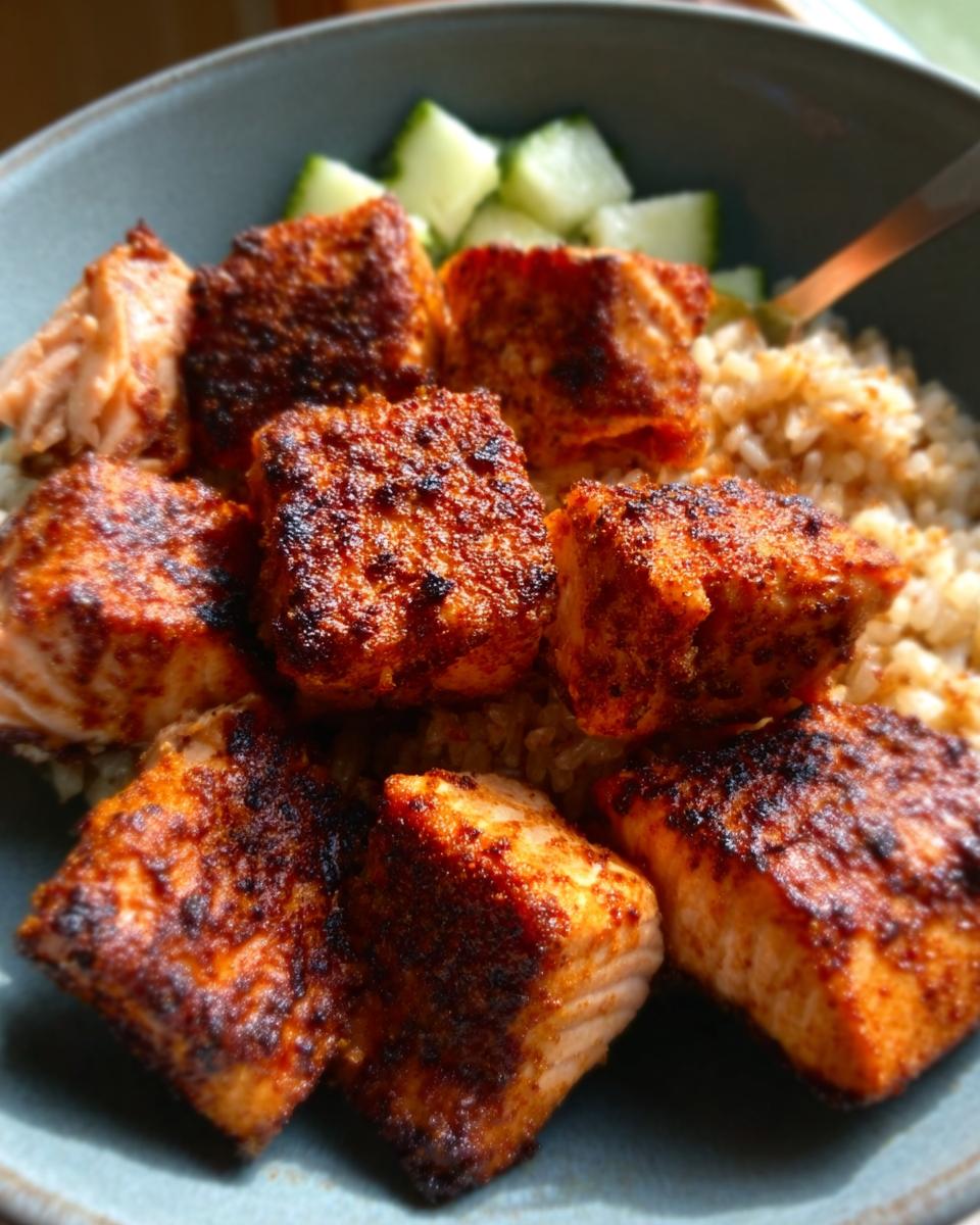 Close-up of crispy seasoned Air Fryer Salmon bites served over brown rice with diced cucumber.
