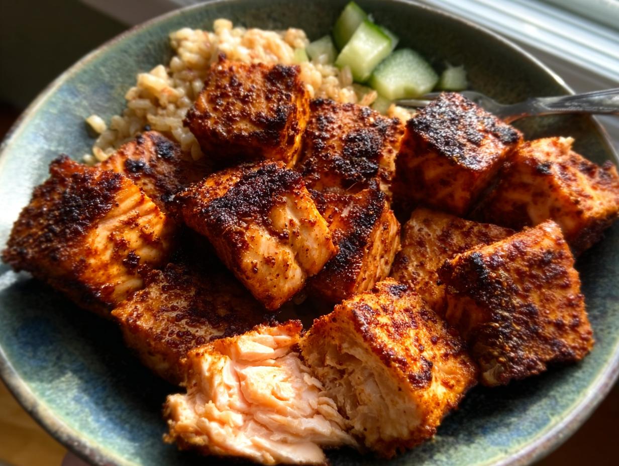 Close-up of seasoned, crispy-edged Air Fryer Salmon cubes served over brown rice with diced cucumber.