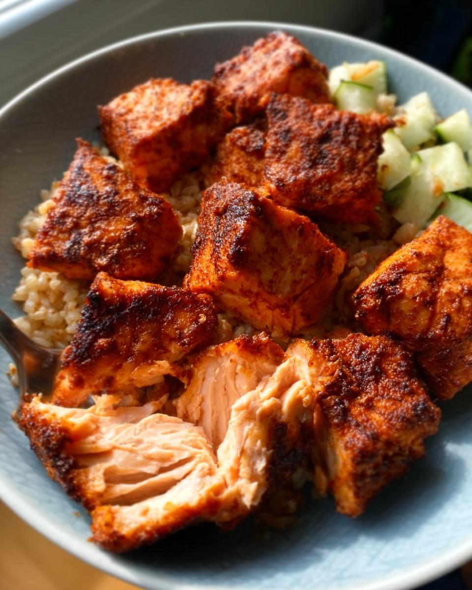 Close-up of seasoned, crispy Air Fryer Salmon bites served over brown rice with diced cucumbers.