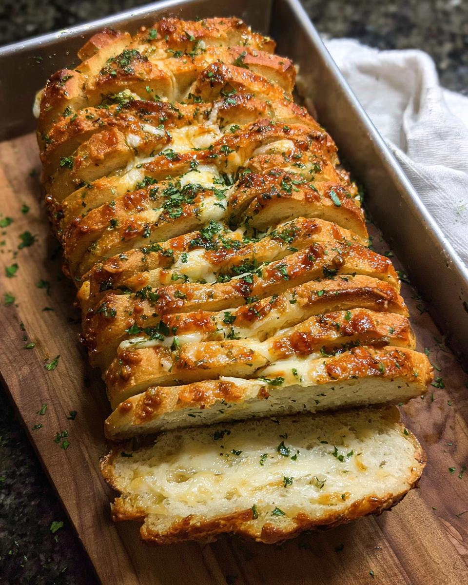 A loaf of golden brown Cheesy Pull-Apart Bread, sliced and oozing melted cheese and topped with parsley.