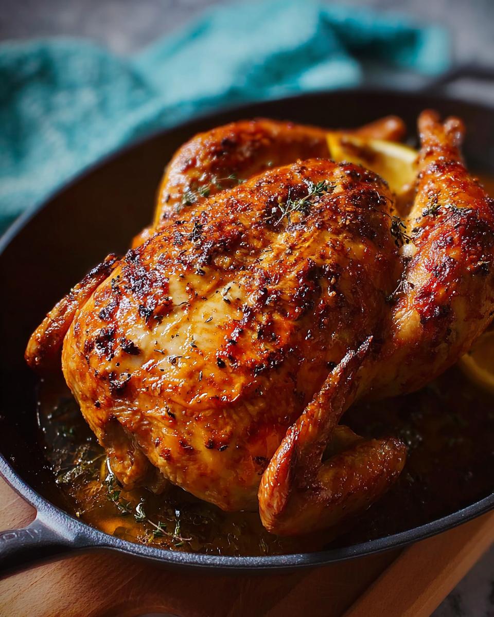 A whole roasted chicken with crispy skin, seasoned with herbs and served with lemon slices in a cast-iron skillet, part of 5-Ingredient Dinner Recipes.