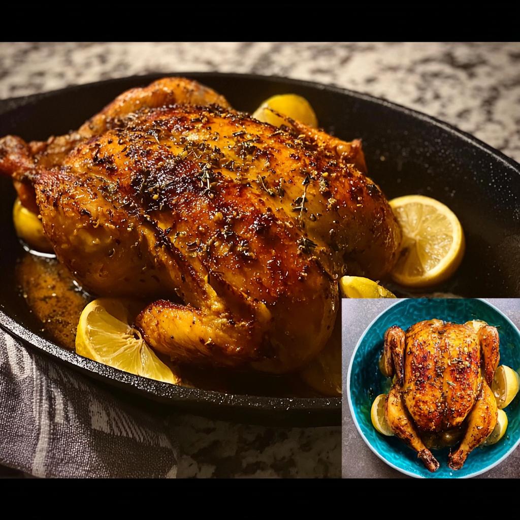 Close-up of a golden-brown roasted chicken with lemon slices and herbs, part of a 5-Ingredient Dinner Recipes (No Fail) article.