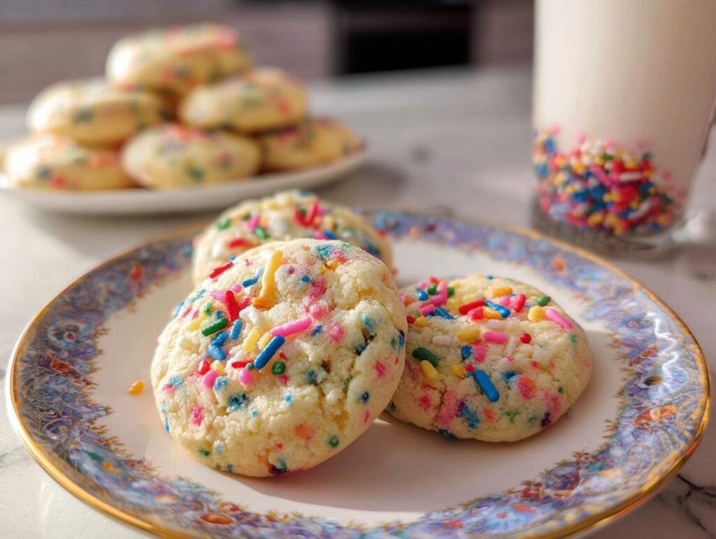 Two freshly baked Confetti Sprinkle Cookies topped with colorful jimmies sit on a decorative plate next to a glass of milk.