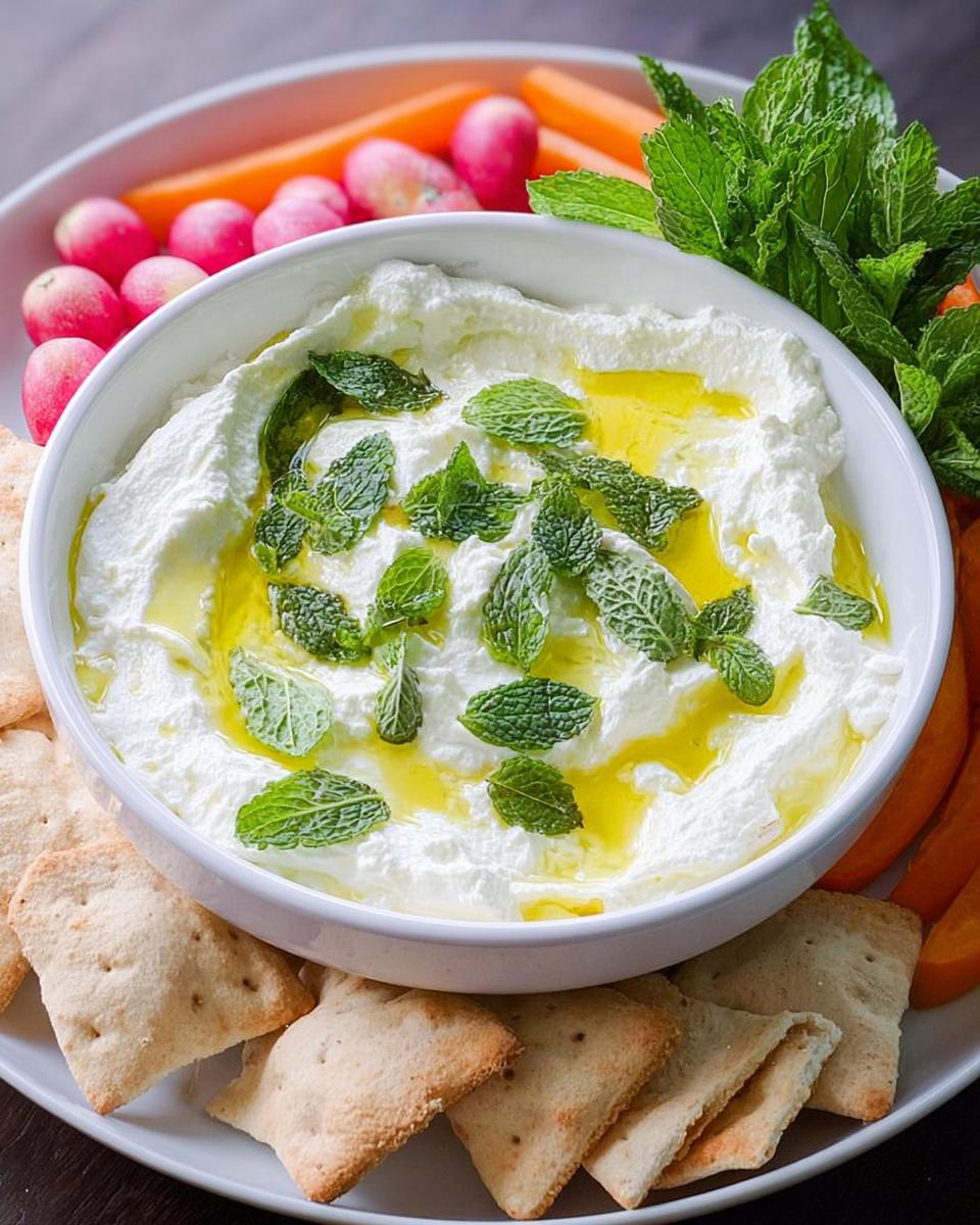 A bowl of creamy white dip, likely Labneh, drizzled with olive oil and topped with fresh mint, served with crackers and vegetables for one of the 25 Best NYE Snacks for a Crowd.