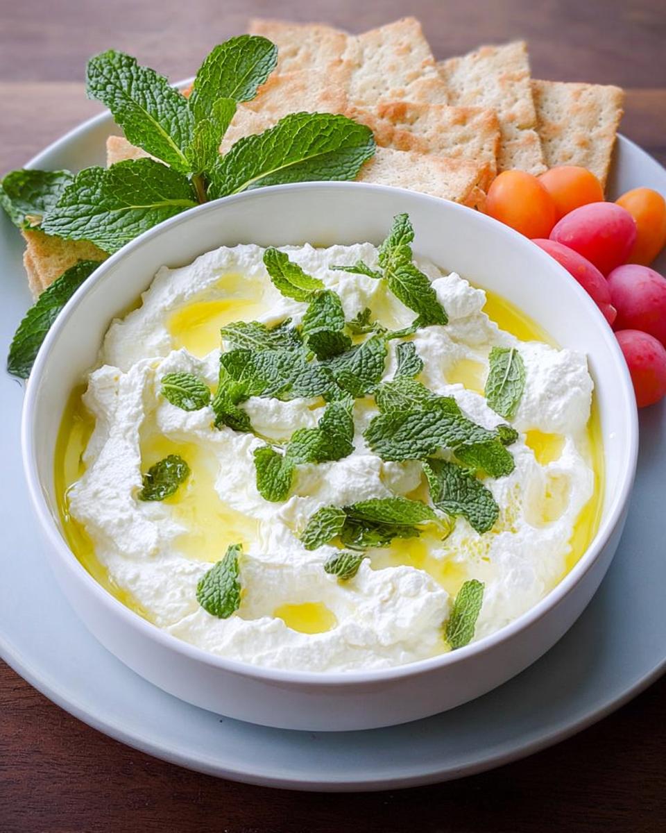 Close-up of a creamy white dip topped with olive oil and fresh mint, served with crackers and cherry tomatoes, perfect for NYE snacks.