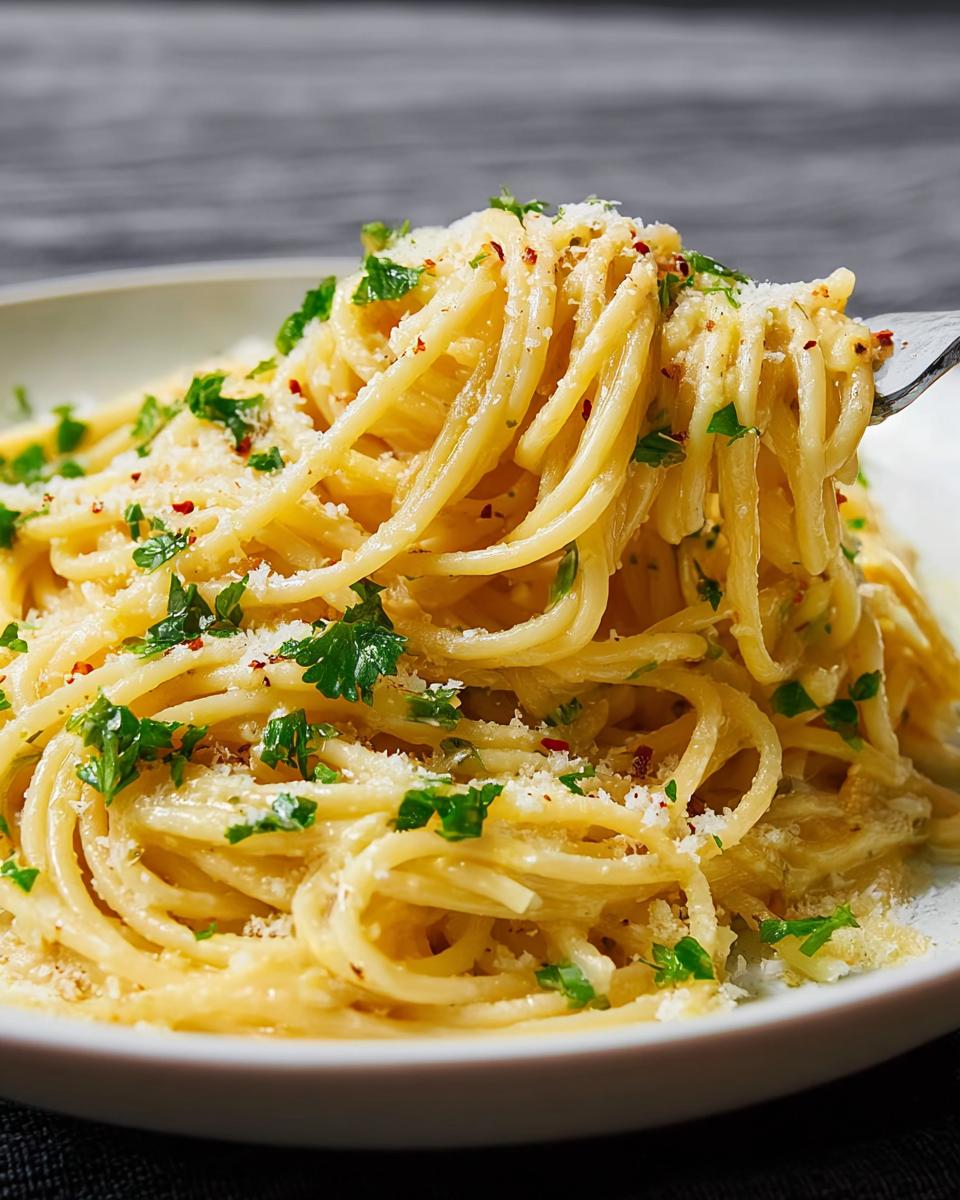 Close-up of a fork twirling spaghetti, coated in a creamy sauce and topped with fresh parsley and grated cheese.