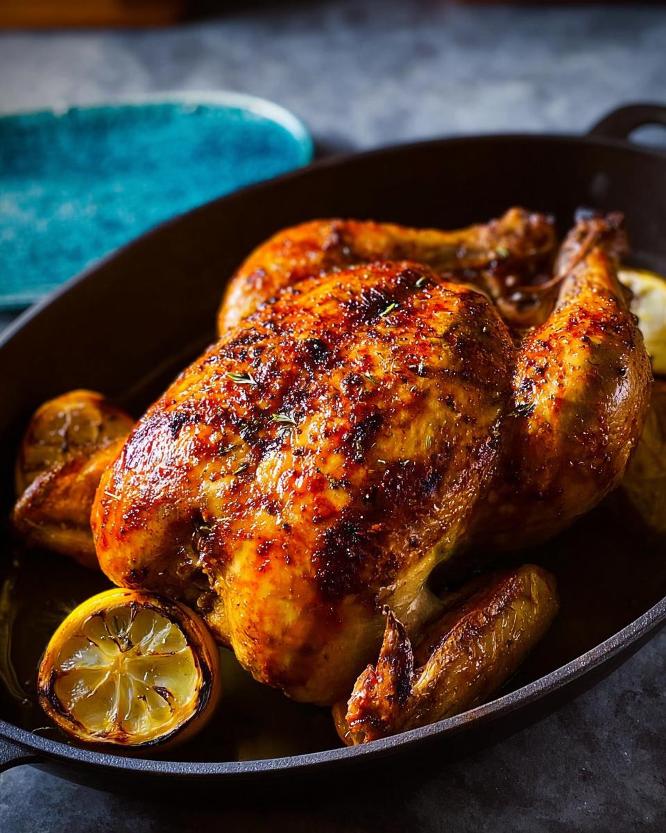 A perfectly roasted whole chicken with crispy skin, seasoned with herbs and served with lemon slices, ideal for 5-Ingredient Dinner Recipes.