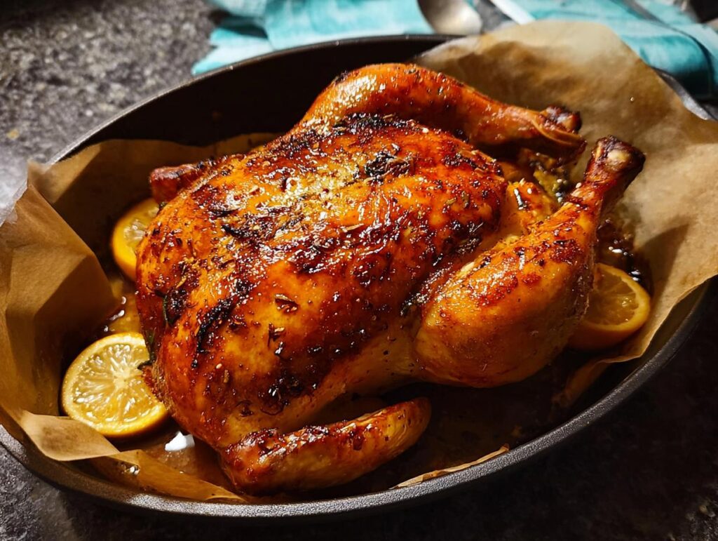 A whole roasted chicken with crispy, golden-brown skin, served with lemon slices in a cast iron pan.