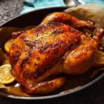 A whole roasted chicken with crispy, golden-brown skin, served with lemon slices in a cast iron pan.