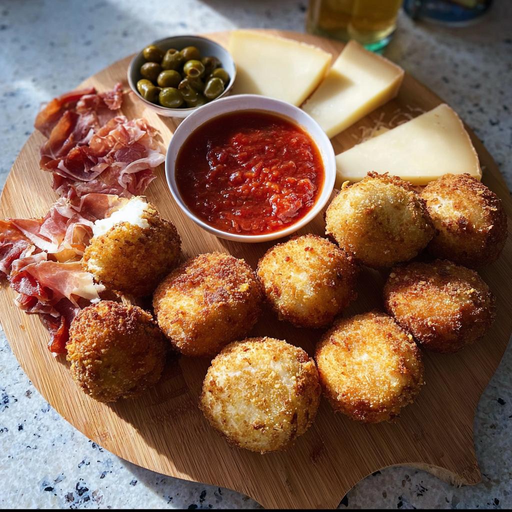 Appetizer board featuring fried arancini balls, prosciutto, cheese slices, olives, and marinara sauce for a New Year’s Eve Dinner Menu.