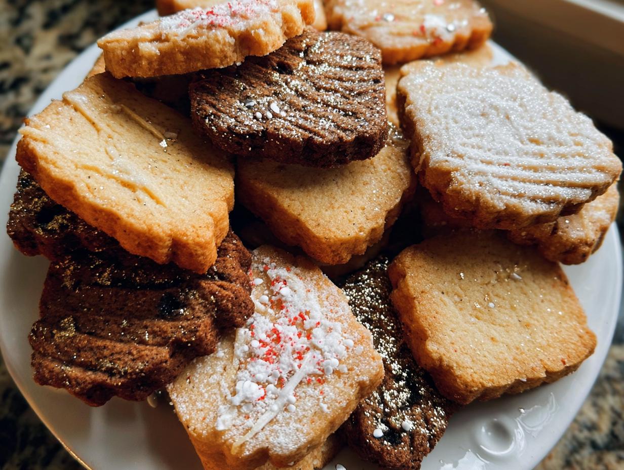 A close-up of a pile of assorted Gold-Dusted Shortbread cookies, some plain, some chocolate, dusted with sugar and edible glitter.