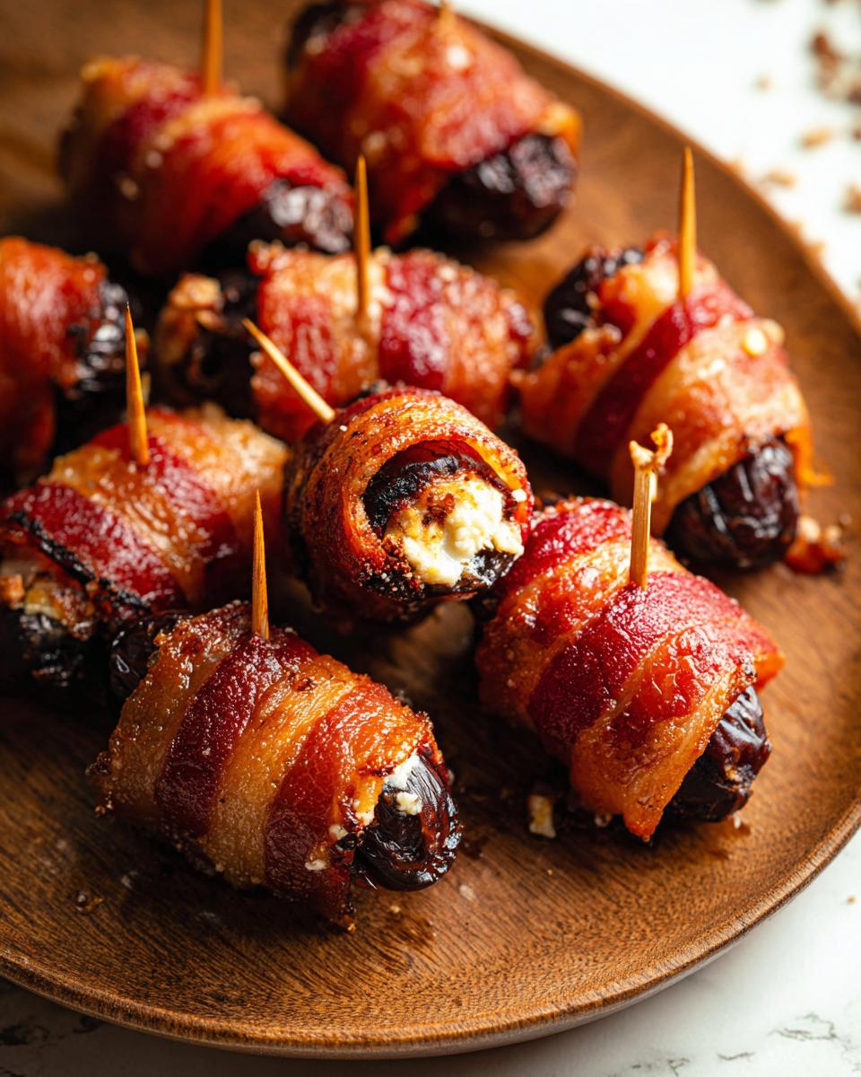 Close-up of several cooked Bacon-Wrapped Dates stuffed with cheese, skewered with toothpicks on a wooden platter.