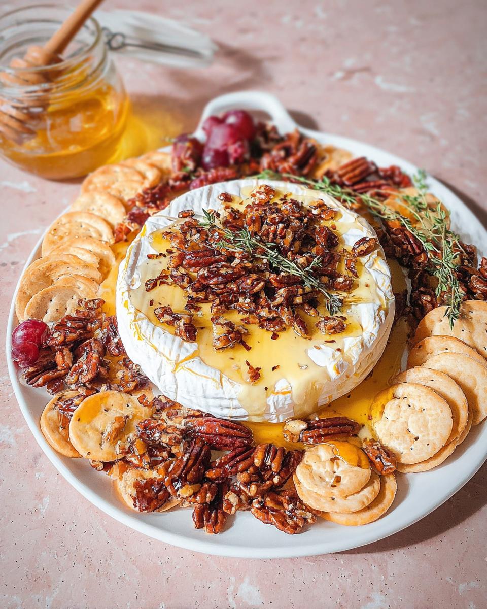 A wheel of Baked Brie with Honey and Pecans, topped with candied pecans and thyme, served on a platter with crackers.