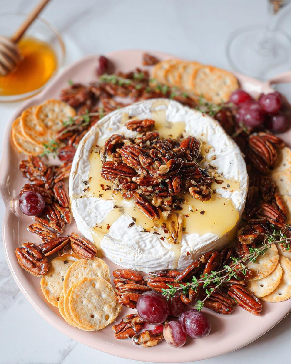 A wheel of warm Baked Brie with Honey and Pecans served on a platter with crackers and grapes.