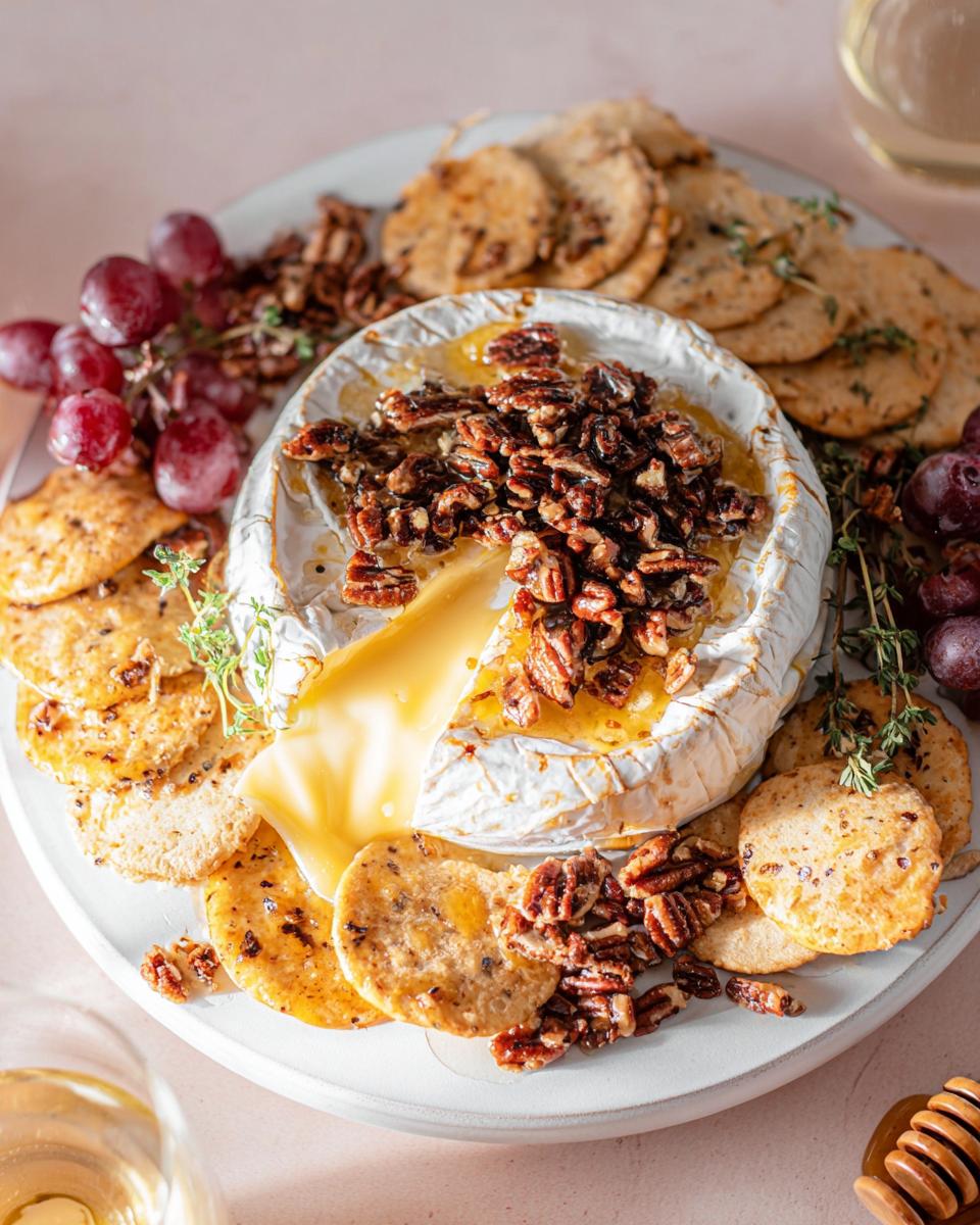A wheel of melted Baked Brie with Honey and Pecans, oozing cheese, surrounded by crackers and red grapes.