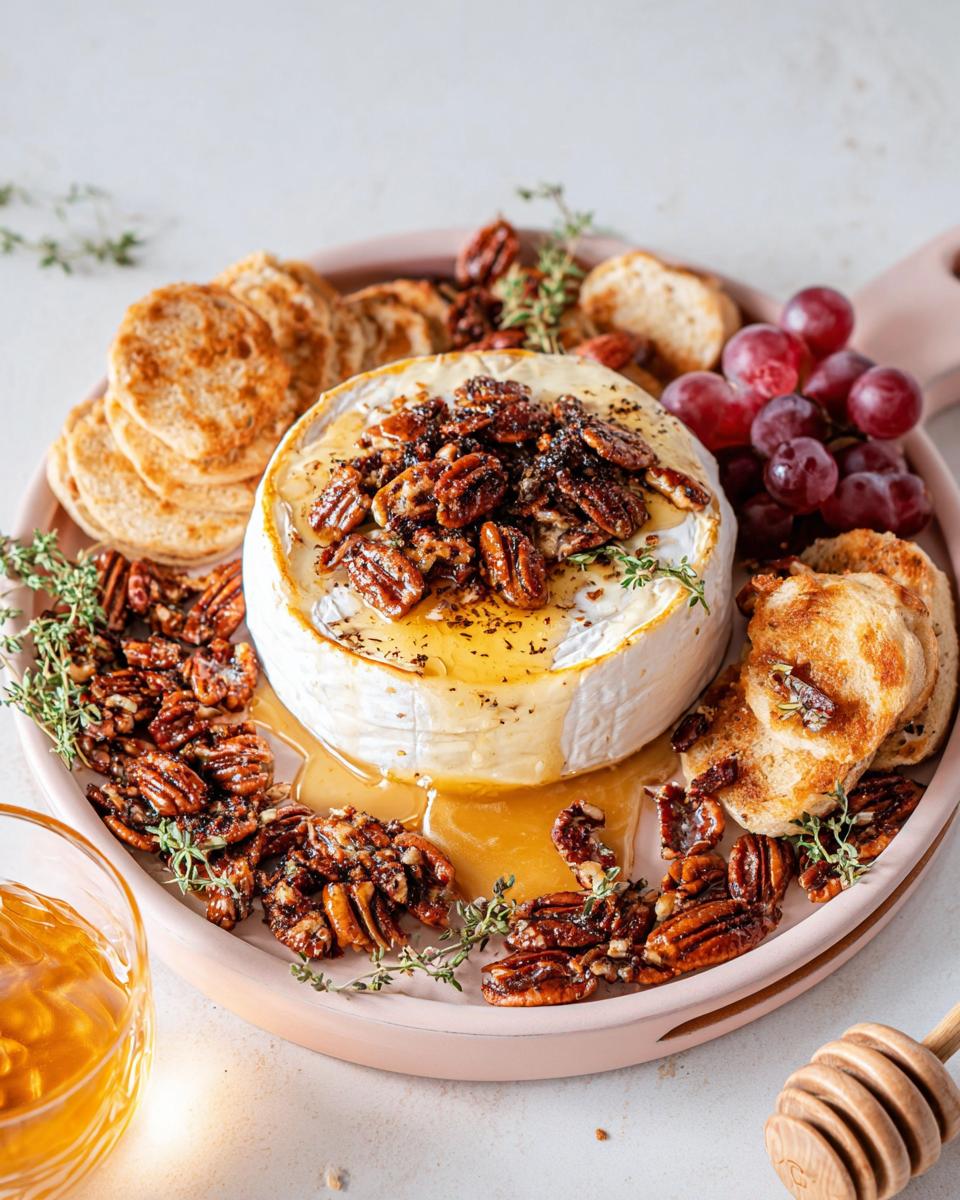 A wheel of warm Baked Brie with Honey and Pecans served on a platter with crackers and grapes.