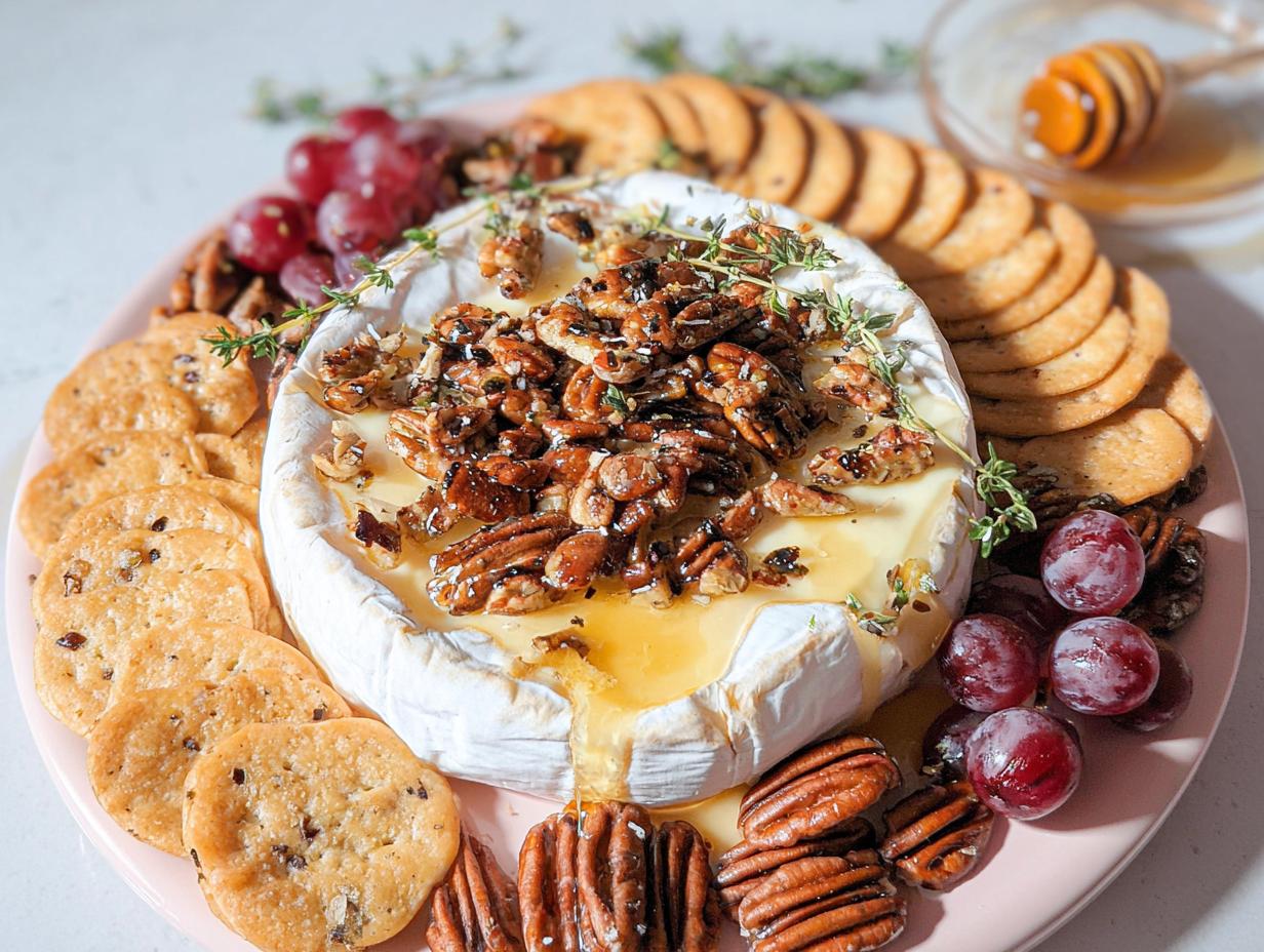 Melted Baked Brie with Honey and Pecans served on a platter with crackers and grapes.