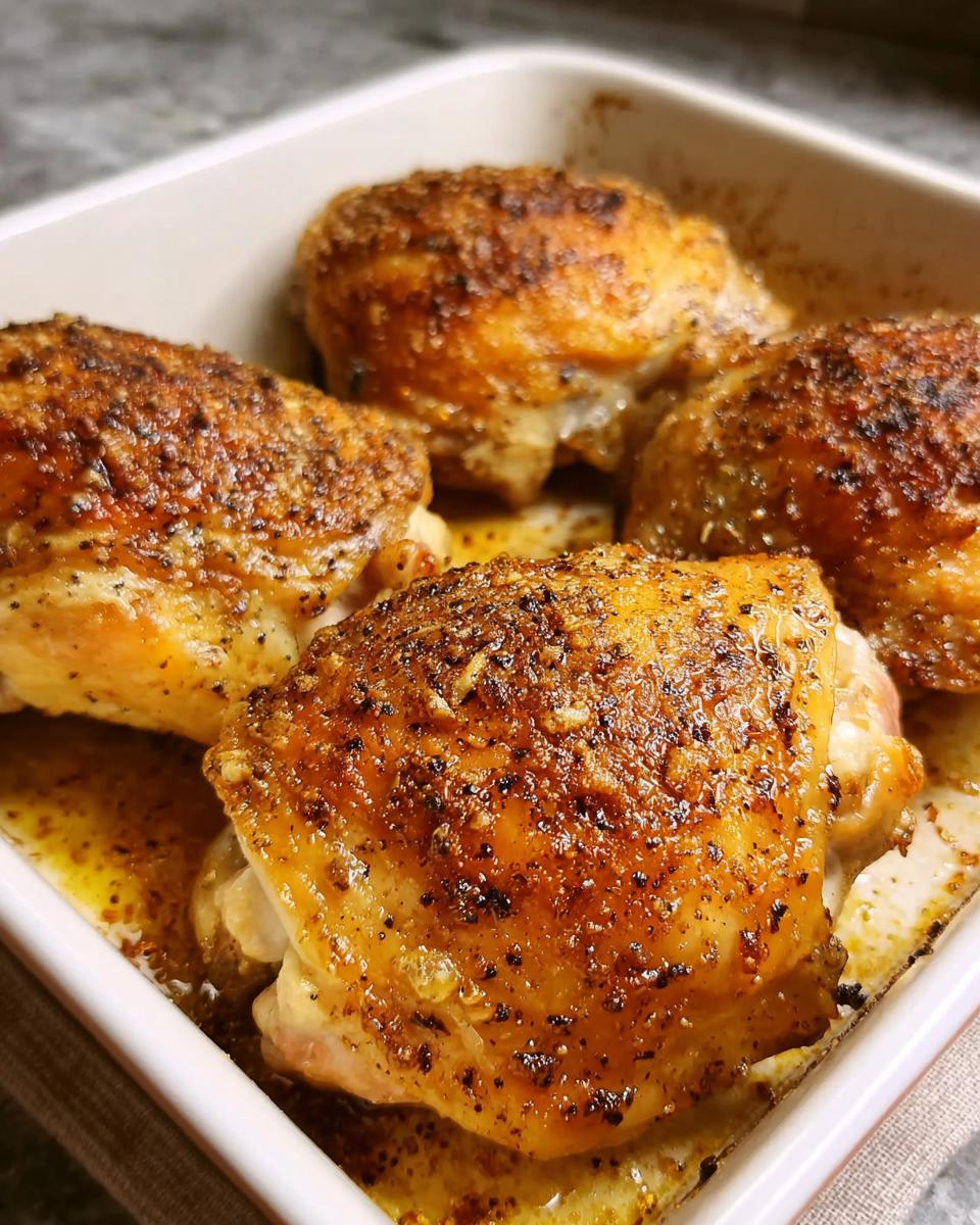 Close-up of four perfectly baked chicken thighs with crispy skin in a white baking dish, seasoned with spices.