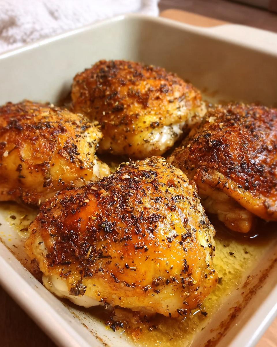 Four perfectly baked chicken thighs seasoned with herbs and spices, resting in a baking dish with rendered juices.