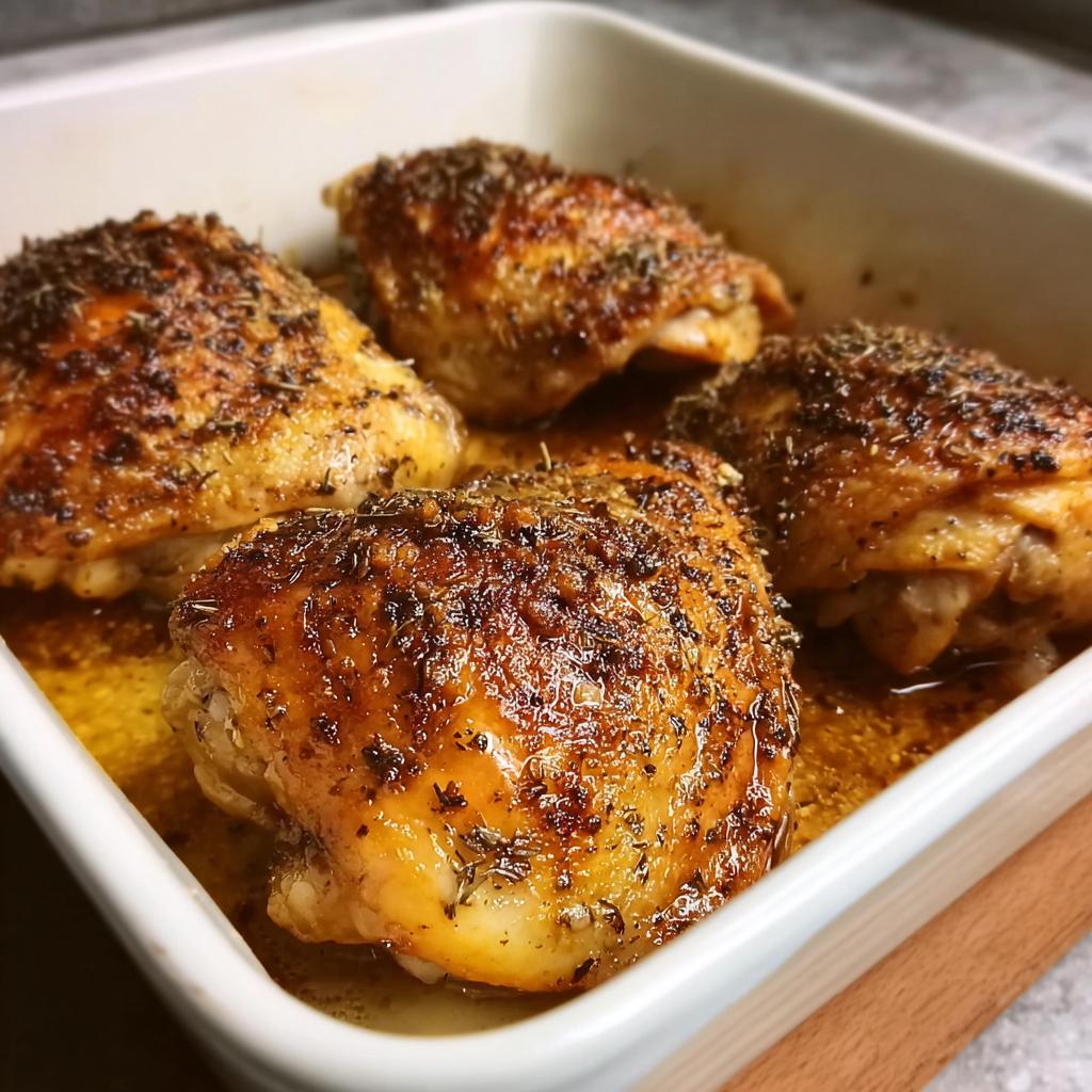Close-up of four perfectly baked chicken thighs seasoned with herbs in a white baking dish.