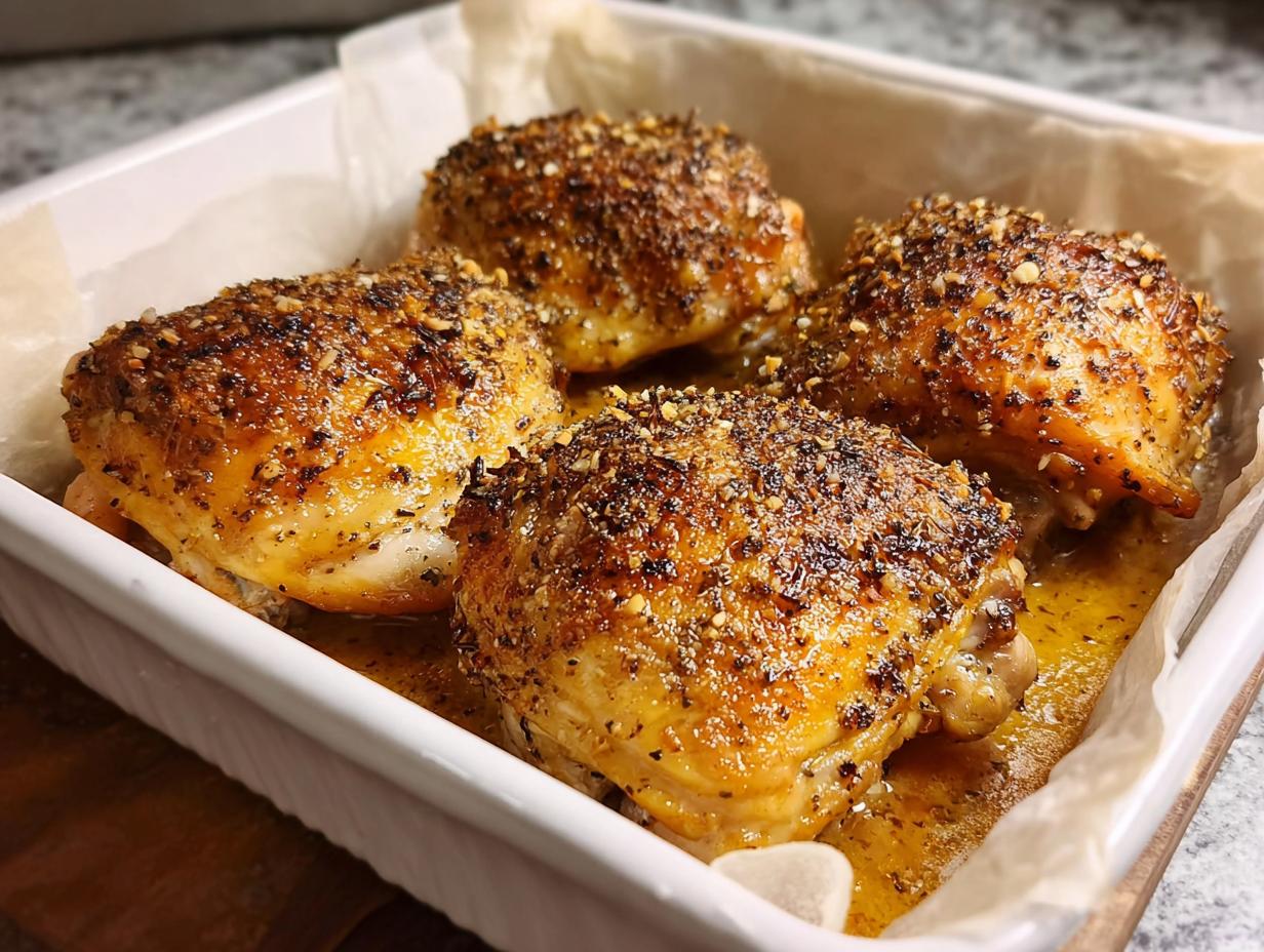 Four perfectly baked chicken thighs with a crispy, seasoned crust in a white baking dish.