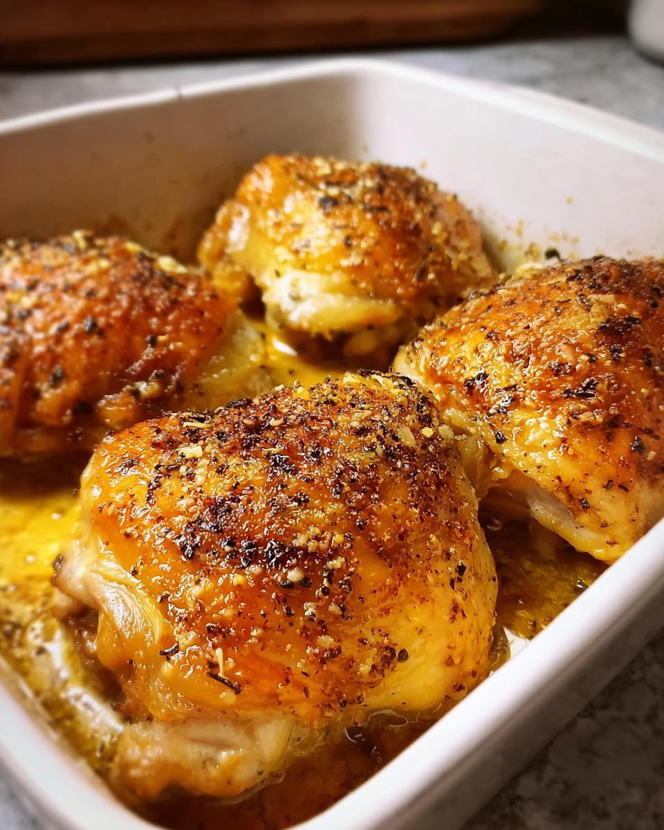 Close-up of four perfectly baked chicken thighs in a white baking dish, glistening with juices and topped with a savory seasoning blend.