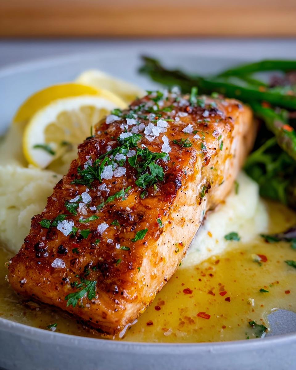 Close-up of a glistening Baked Lemon Garlic Salmon fillet topped with flaky salt and parsley, served with mashed potatoes and asparagus.