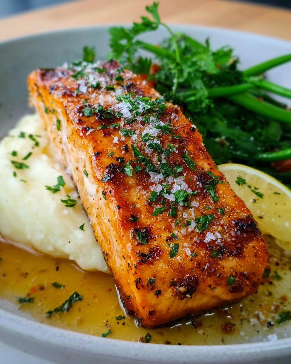 Close-up of a juicy Baked Lemon Garlic Salmon fillet topped with flaky salt and parsley.