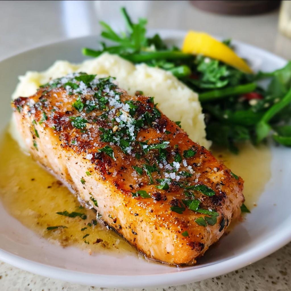 Close-up of a perfectly cooked Baked Lemon Garlic Salmon fillet topped with herbs and sea salt, served with mashed potatoes and greens.