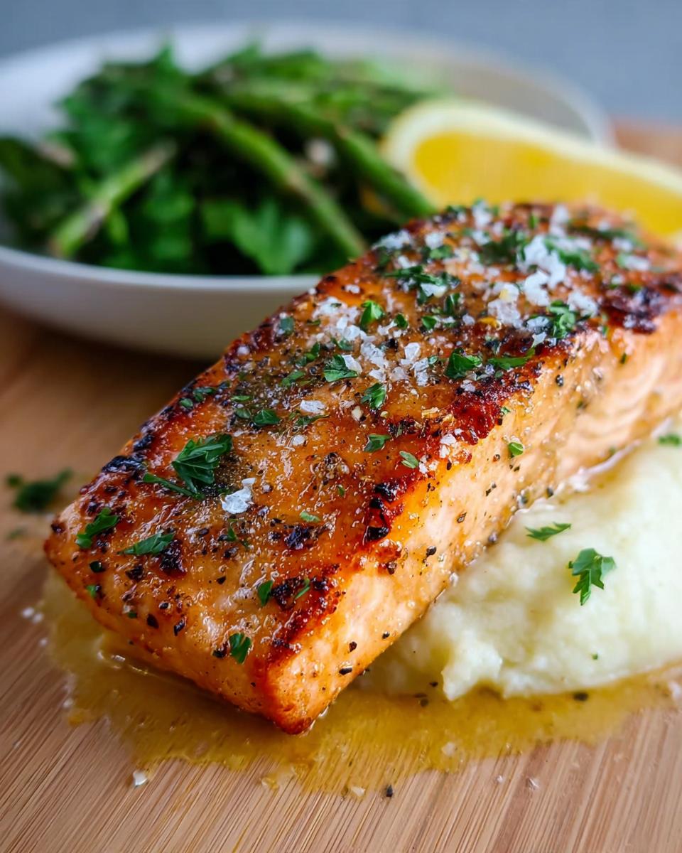 Close-up of a perfectly cooked Baked Lemon Garlic Salmon fillet topped with sea salt and parsley, resting on mashed potatoes.