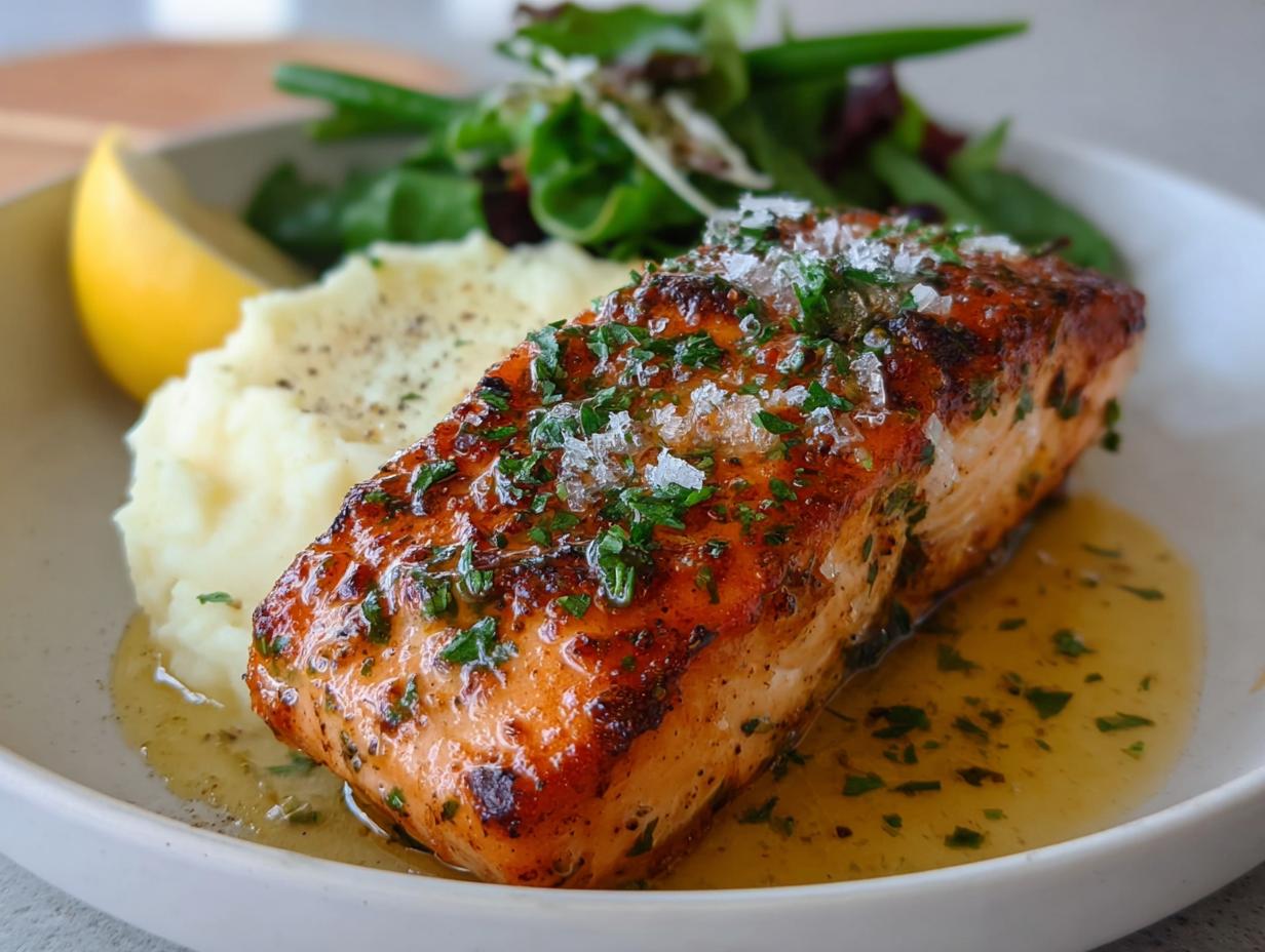A close-up of perfectly cooked Baked Lemon Garlic Salmon, topped with flaky salt and herbs, served with mashed potatoes and greens.