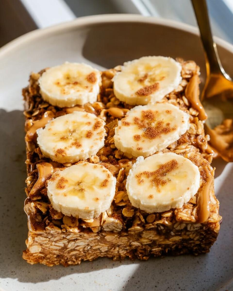 A slice of baked oatmeal topped with banana slices and drizzled with peanut butter, a perfect breakfast idea.