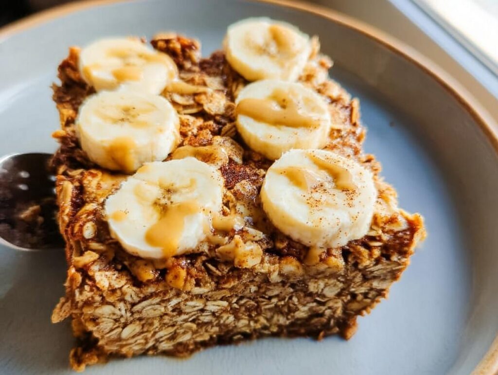A slice of baked oatmeal topped with banana slices and a drizzle of peanut butter, perfect for breakfast ideas.