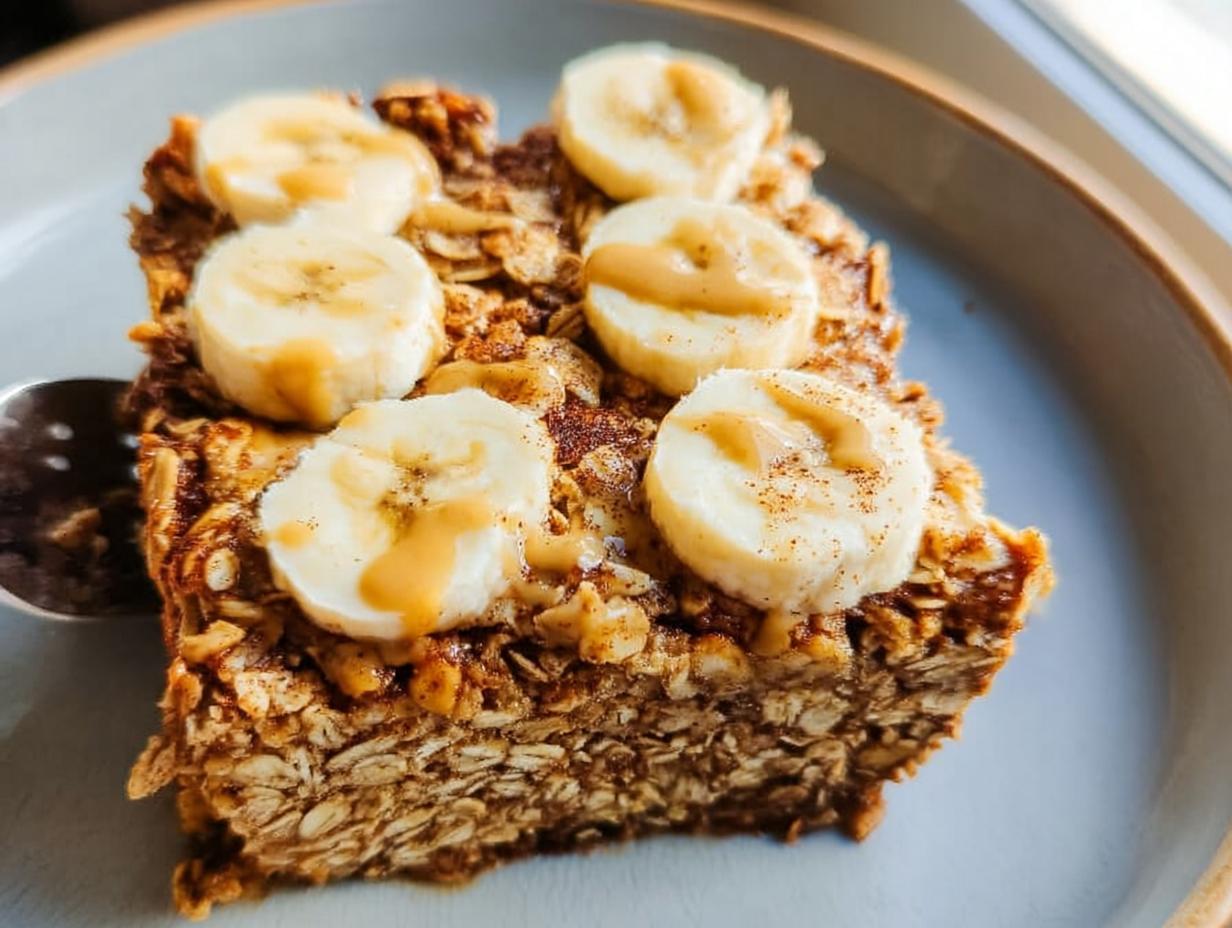 A slice of baked oatmeal topped with banana slices and a drizzle of peanut butter, perfect for breakfast ideas.