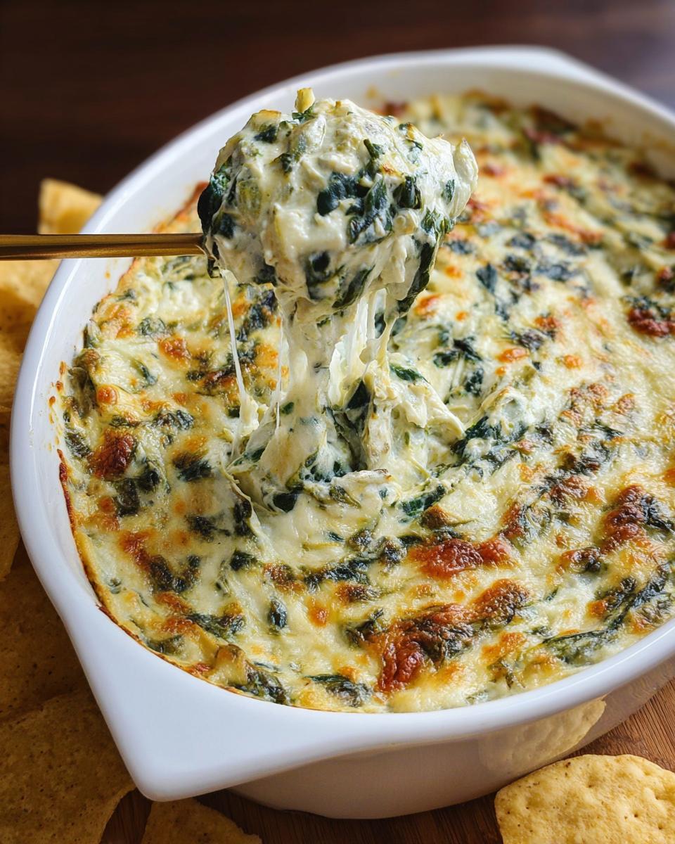 A spoonful of hot, cheesy Baked Spinach Artichoke Dip being lifted from a white baking dish, showing a dramatic cheese pull.