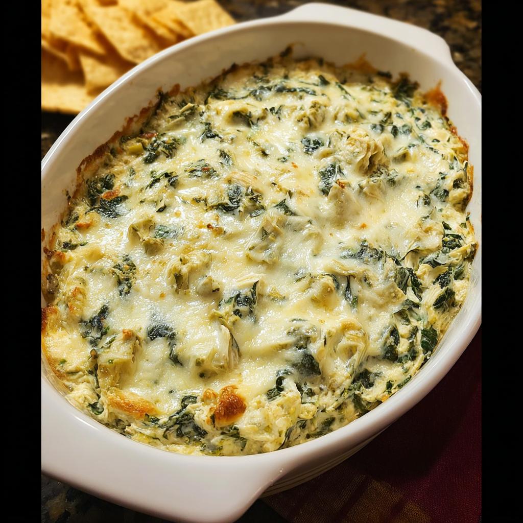 A close-up of hot Baked Spinach Artichoke Dip, bubbly and topped with melted cheese, served in an oval white baking dish.