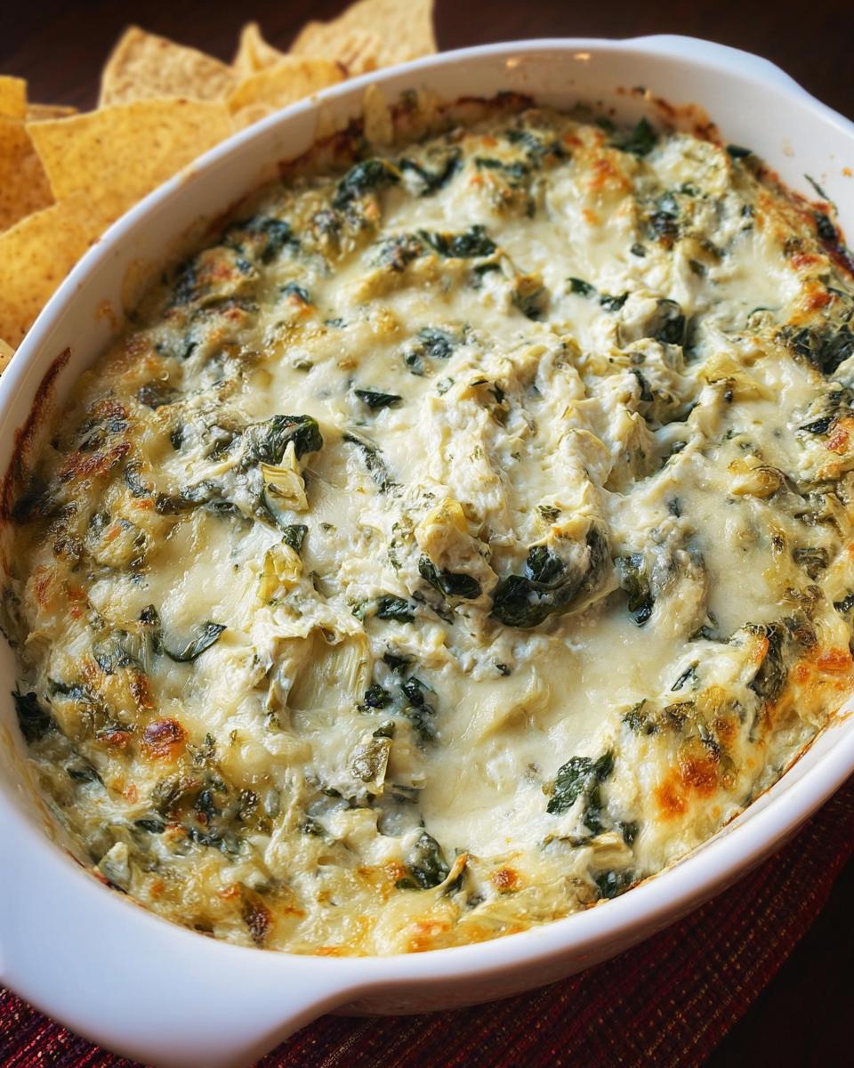Close-up of hot, cheesy Baked Spinach Artichoke Dip bubbling in a white oval baking dish, served with tortilla chips.